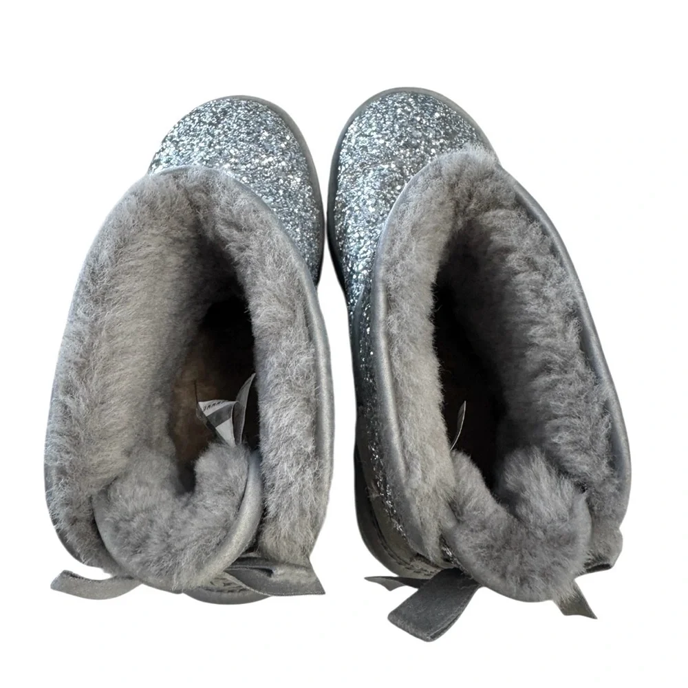 UGG Cosmos Silver Glitter Boots with Bow. Size 6